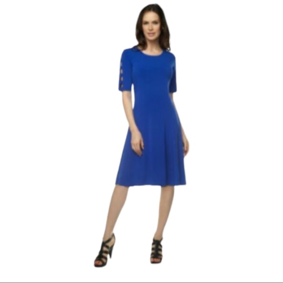 Susan Graver Liquid Knit Cut Out Stretchy 3/4 Sleeve Swing Dress Cerulean Blue - Picture 2 of 9